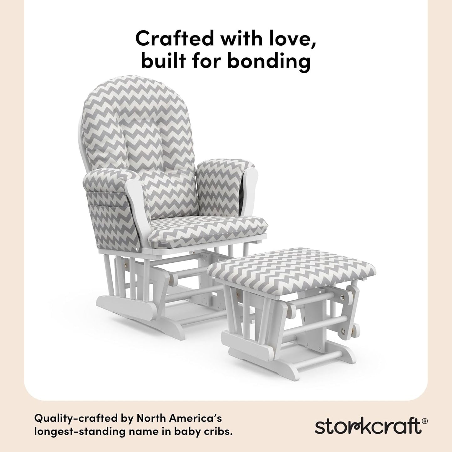 Storkcraft Premium Hoop Glider & Ottoman (White/Gray Chevron) — GREENGUARD Gold Certified Nursery Glider, Solid Wood Craftsmanship, Smooth-Gliding Nursery Chair and Ottoman, Award-Winning