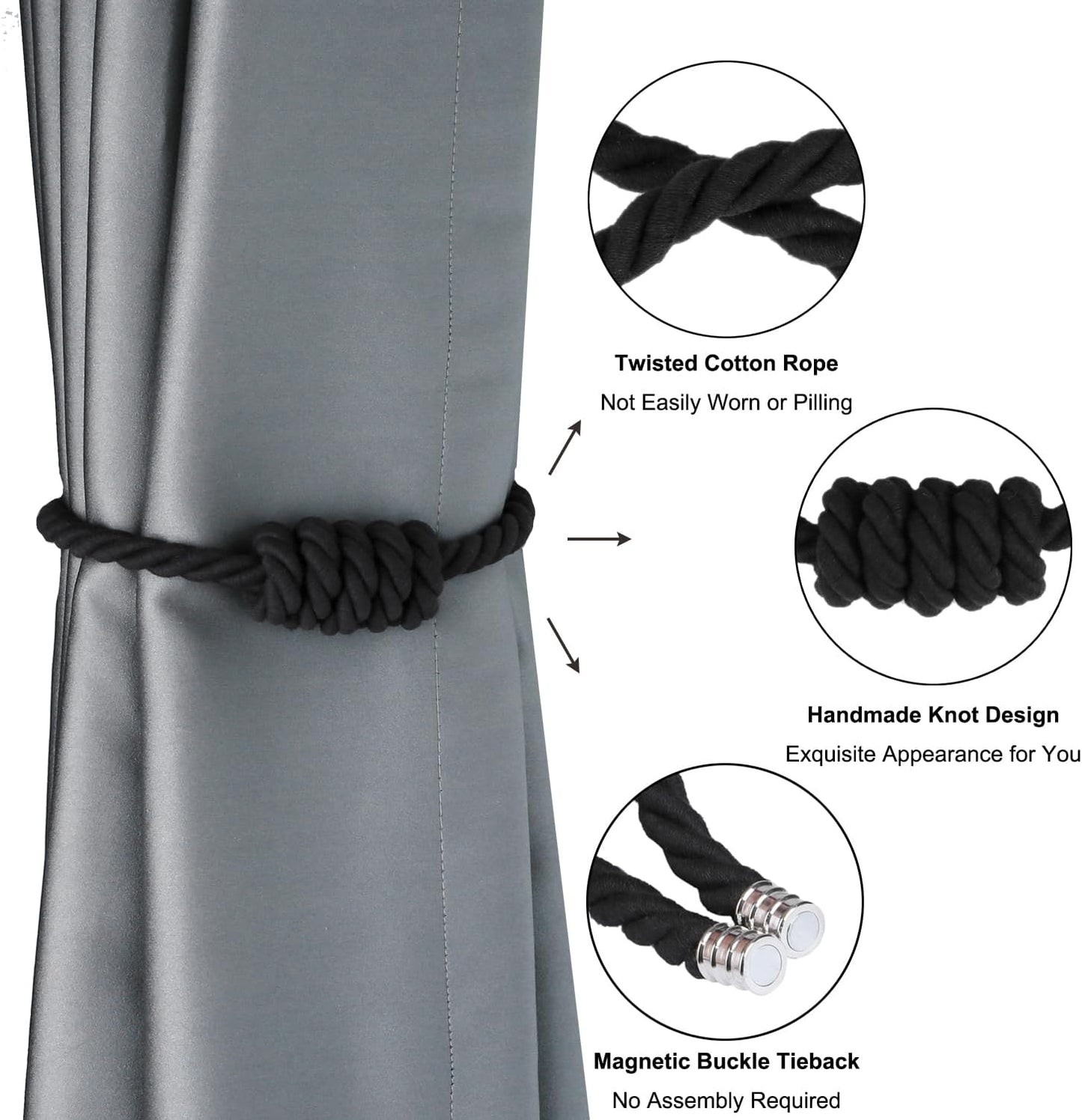 BEL AVENIR Magnetic Cotton Curtain Tiebacks, Decorative Drapery Holdbacks Modern Woven Tie-Backs with Exquisite Knot (Black Cotton, 6 Pack)