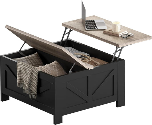 Yaheetech Lift Top Coffee Table with Storage, Square Coffee Table for Living Room, 31.5 Inches Center Tables with Large Hidden Storage Compartment for Home Office, Black&Gray