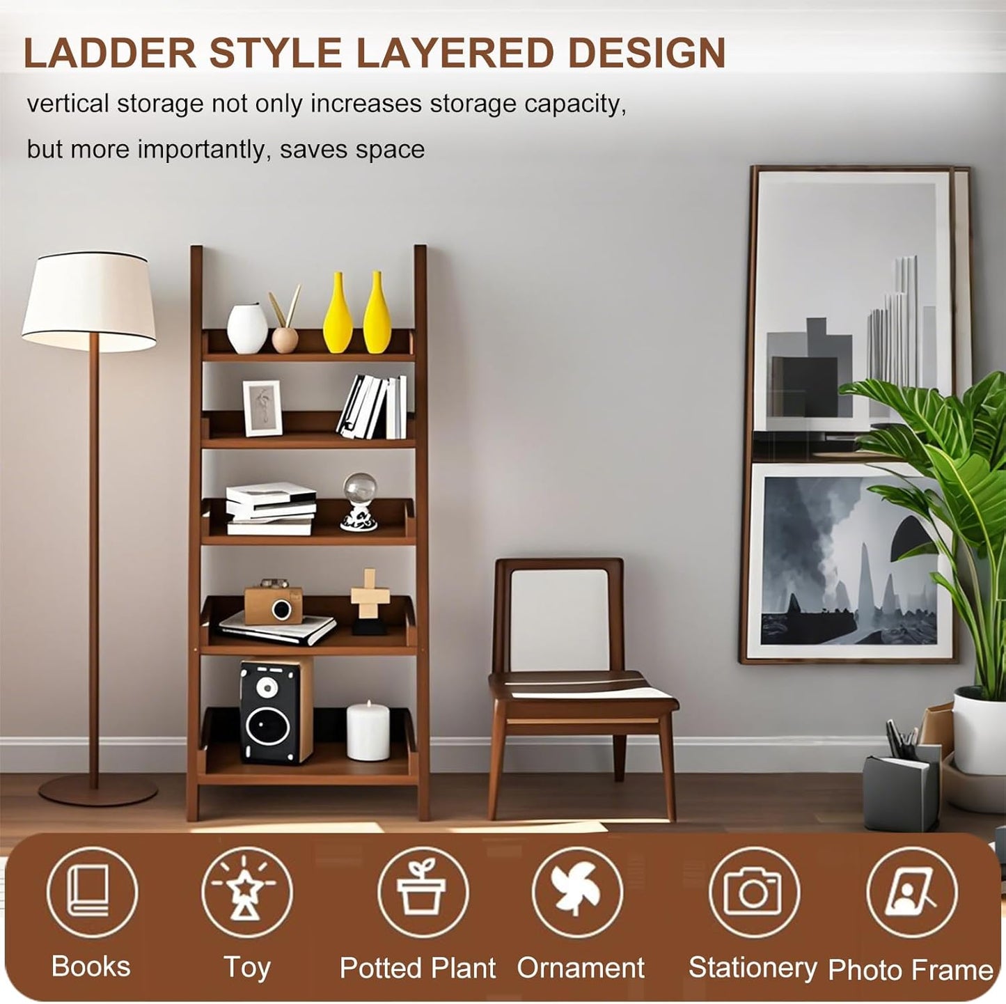 5-Tier Wooden Ladder Shelf Bookcase, H 55" Walnut Ladder Bookshelf Freestanding Storage Shelves Rack Organizer for Living Room, Home Office and Bedroom