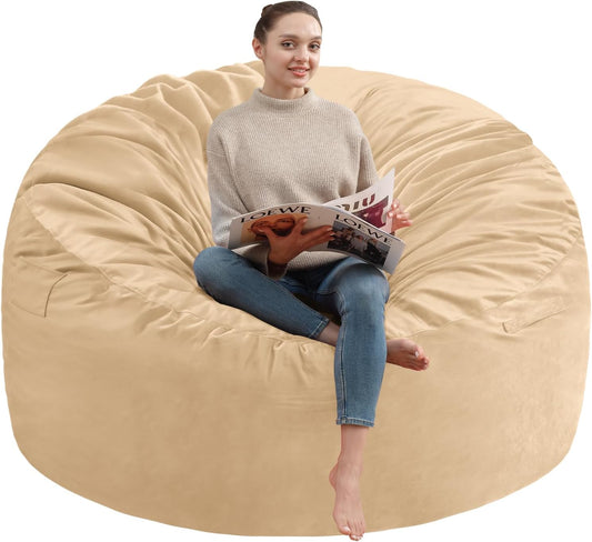 3FT Bean Bag Chair, Comfy Bean Bag Chairs with Memory Foam Filled, Fluffy Beanbag Sofa with Dutch Velvet Cover, Round BeanBag Chairs for Living Room, Playroom - Khaki