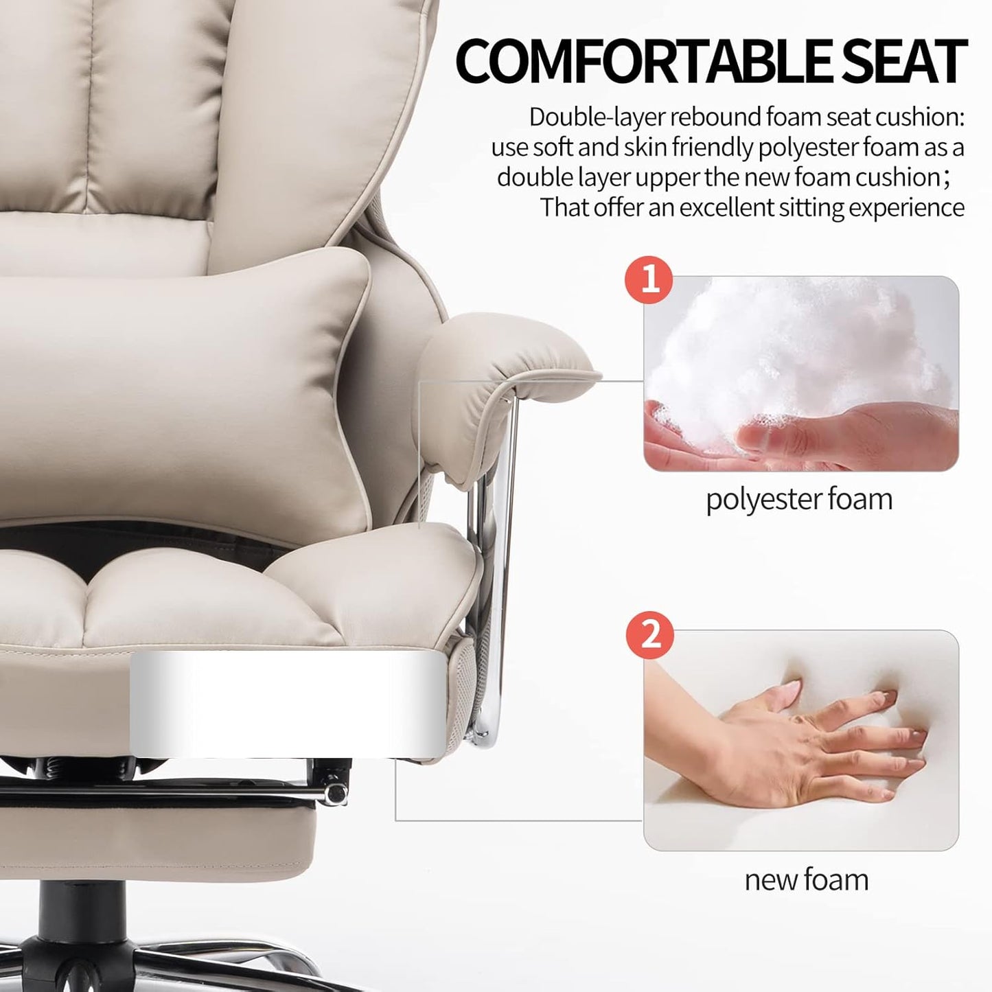 Efomao Big and Tall Office Chair 400lbs – High Back PU Leather Executive Chair with Lumbar Support, Footrest, Swivel Base, Padded Armrests, and Rolling Wheels for Home Office, Grey Computer Chair