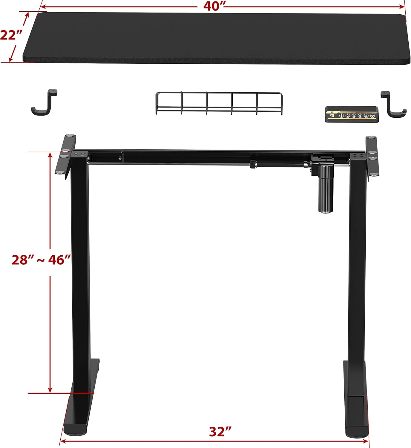 SHW 40 x 22 Inches Electric Height Adjustable Sit to Stand Desk with Hanging Hooks and Cable Management, Black Frame and Black Top