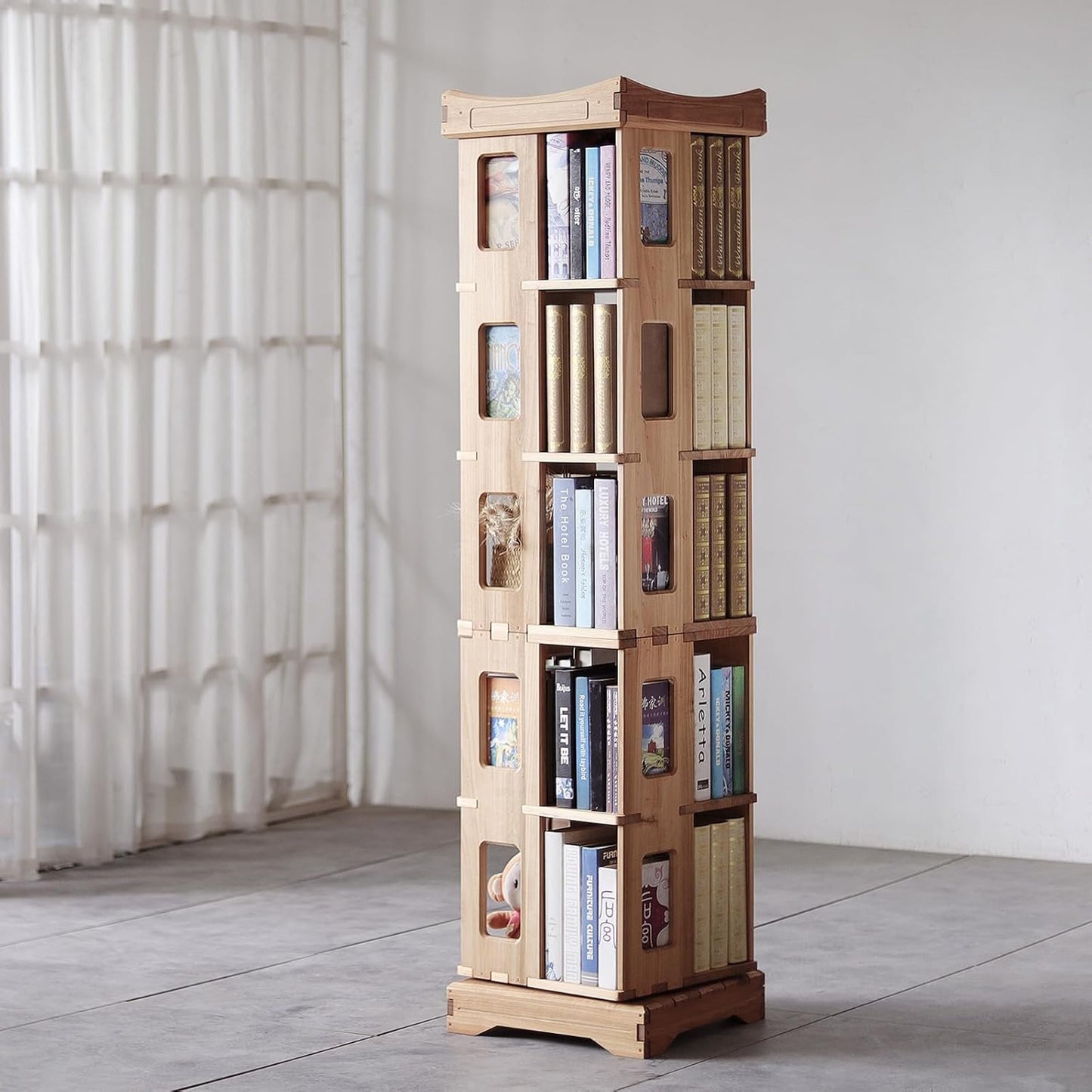 Wooden Rotating Bookshelf, Larger Solid Wood Revolving Bookcase,360°Spinning Book Shelf Tower,Floor Standing Storage Rack,Corner Organizer for Small Space,Study,Office,17"x17"x69.75"(5-Tier)