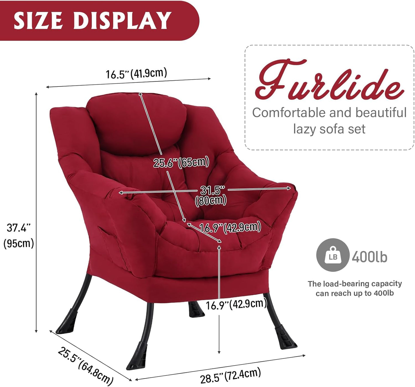 Lazy Chair for Living Room, Modern Accent Chairs with Armrests, Comfy Lounge Chair with Side Pocket, Cozy Lazy Sofa for Reading, Balcony, Bedroom, Dorm, Small Spaces (Burgundy)