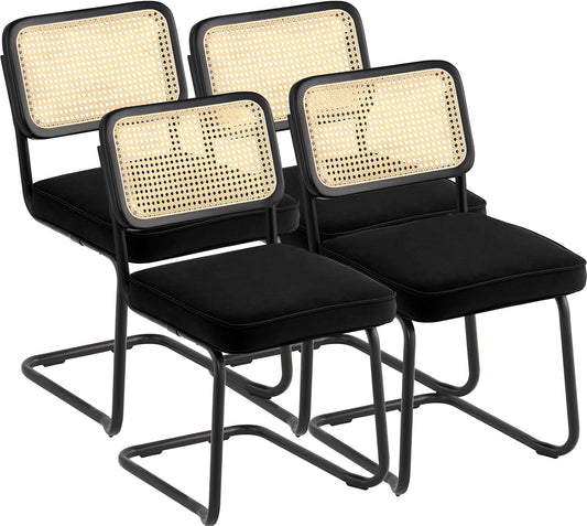 VEVOR Rattan Dining Chairs Set of 4, Mid Century Modern Dining Chair, Upholstered Velvet Accent Chair with Rattan Back, Retro Dining Room Kitchen Chair for Living Room, Bedroom (18.1 Inch)