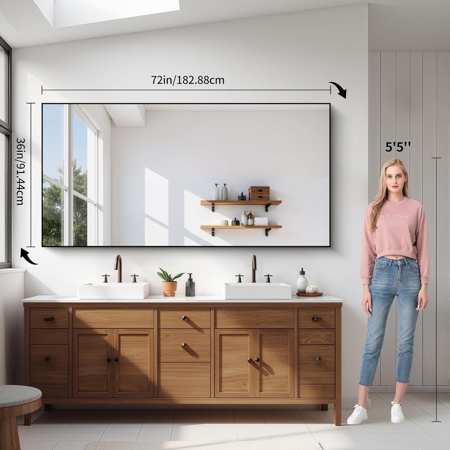 YIROMAN Bathroom Mirror 72"x36", Large Matte Black Bathroom Mirror for Over Sink with Aluminum Frame, Rectangular Vanity Mirror with Right Angle, Wall Mirror Hangs Horizontal or Vertical, Shatterproof