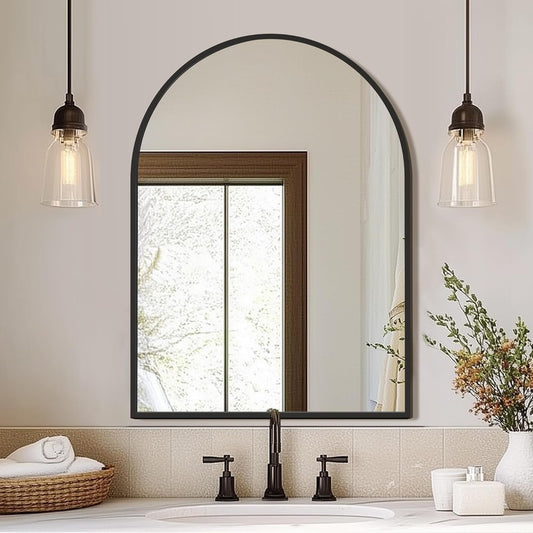 FICTOR Bathroom Vanity Mirror for Wall,40”x30” Large Arched Metal Framed Bathroom Mirror for Over Sink,Entryway, Living Room,Bedroom(Black)