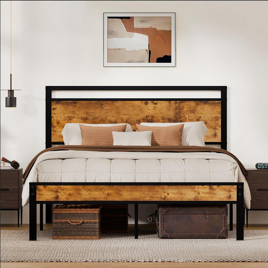 Z-hom Queen Bed Frame with Modern Wood Headboard & Footboard, Upgraded Heavy Duty Metal Sturdy Bed Frame Queen Size, Stable Platform Bed Furniture Bed Storage, No Noise, No Box Springs, Vintage Brown