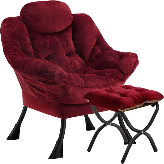 Lazy Chair with Folding Ottoman,Leisure Sofa Chair,Soft Fabric Armchair with Armrests and Side Pockets, Reading Chair with Footrest for Living Room, Bedroom, Office (Plush Red)