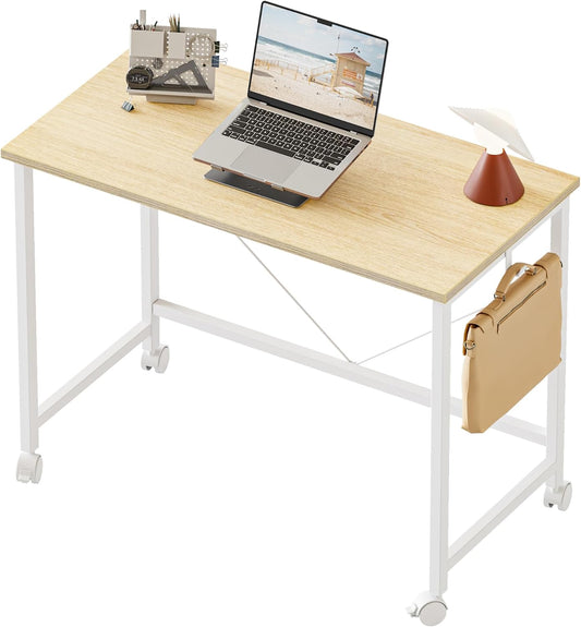Rolling Computer Desk with Wheels, Gaming Desk for Small Spaces, Modern Simple Style Table for Home Office, Study Writing Table (Caster, Oak, 32 inch)