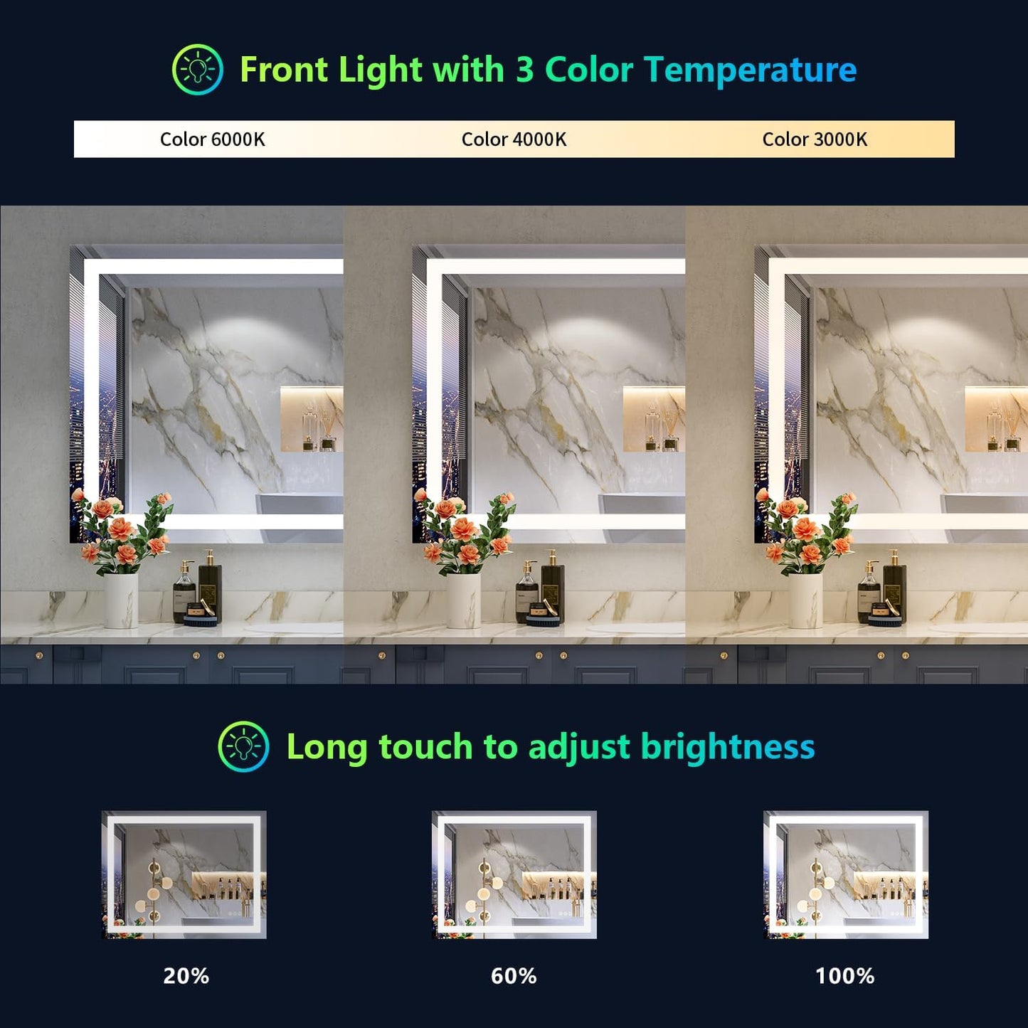 48x36 Inch RGB LED Bathroom Mirror Front Light and RGB Backlit Lighted Vanity Mirror for Bathroom Wall Mounted Dimmable Anti Fog Memory Shatter-Proof IP54 Waterproof Horizontal/Vertical