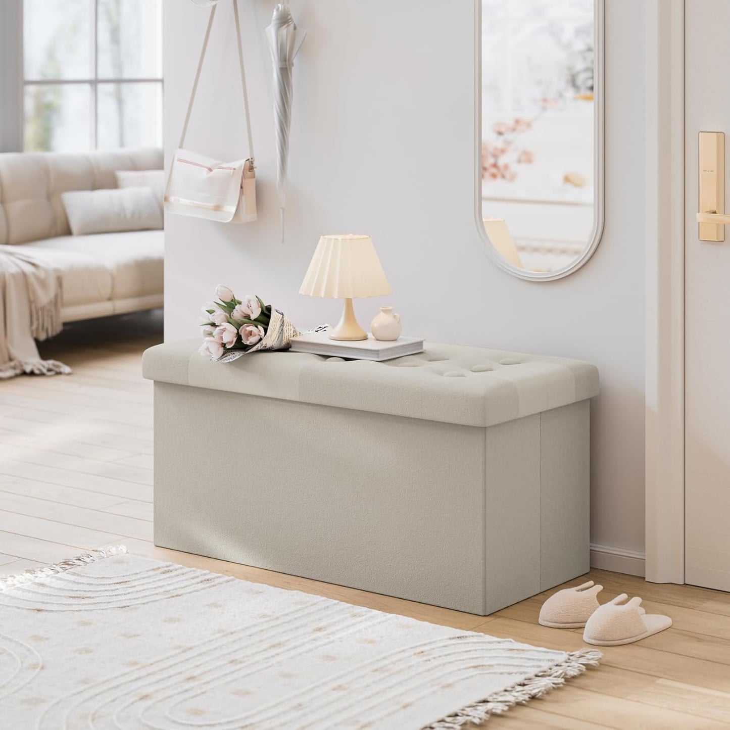 PRANDOM Extra Large Ottoman with Storage [1-Pack] Velvet Folding Small Square Foot Stool with Lid for Living Room Bedroom Coffee Table Dorm Beige 30.5x15x15 inches