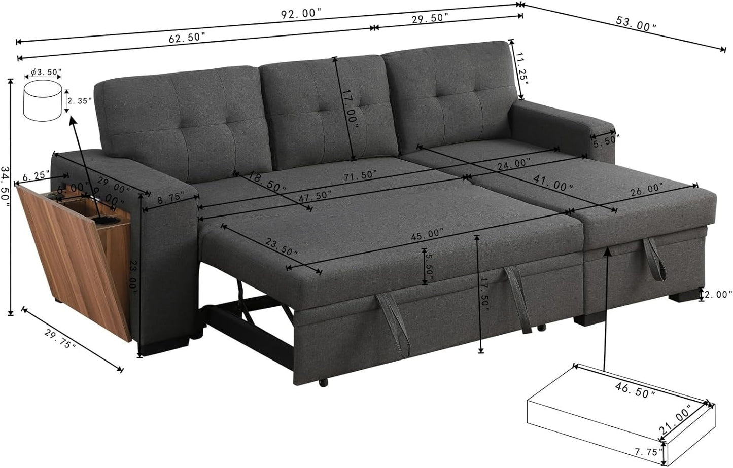 L-Shape Sofa Bed, 92" Sectional Couch with Storage Chaise, Pull Out Sleeper Sofa with Side Compartment, Convertible Corner Couch for Living Room Apartment, Dark Gray