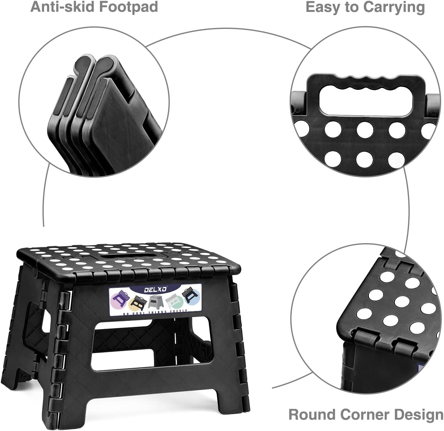 Delxo 9 Inch Folding Step Stool, Black Step Stools Foldable,Portable Collapsible Step Stool with Handle, Folding Stool for Kitchen Bathroom,Bedroom,Garden