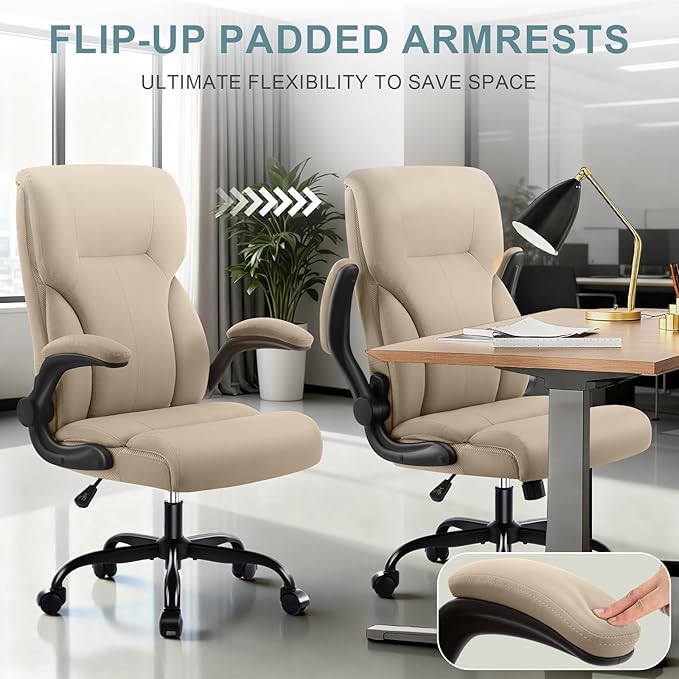 Executive Office Chair, High Back Ergonomic Comfy Desk Chair with Padded Flip-up Armrests and Wheels, PU Leather Heavy Duty Computer Swivel Rolling Task Chair for Home Office, Adults, Khaki