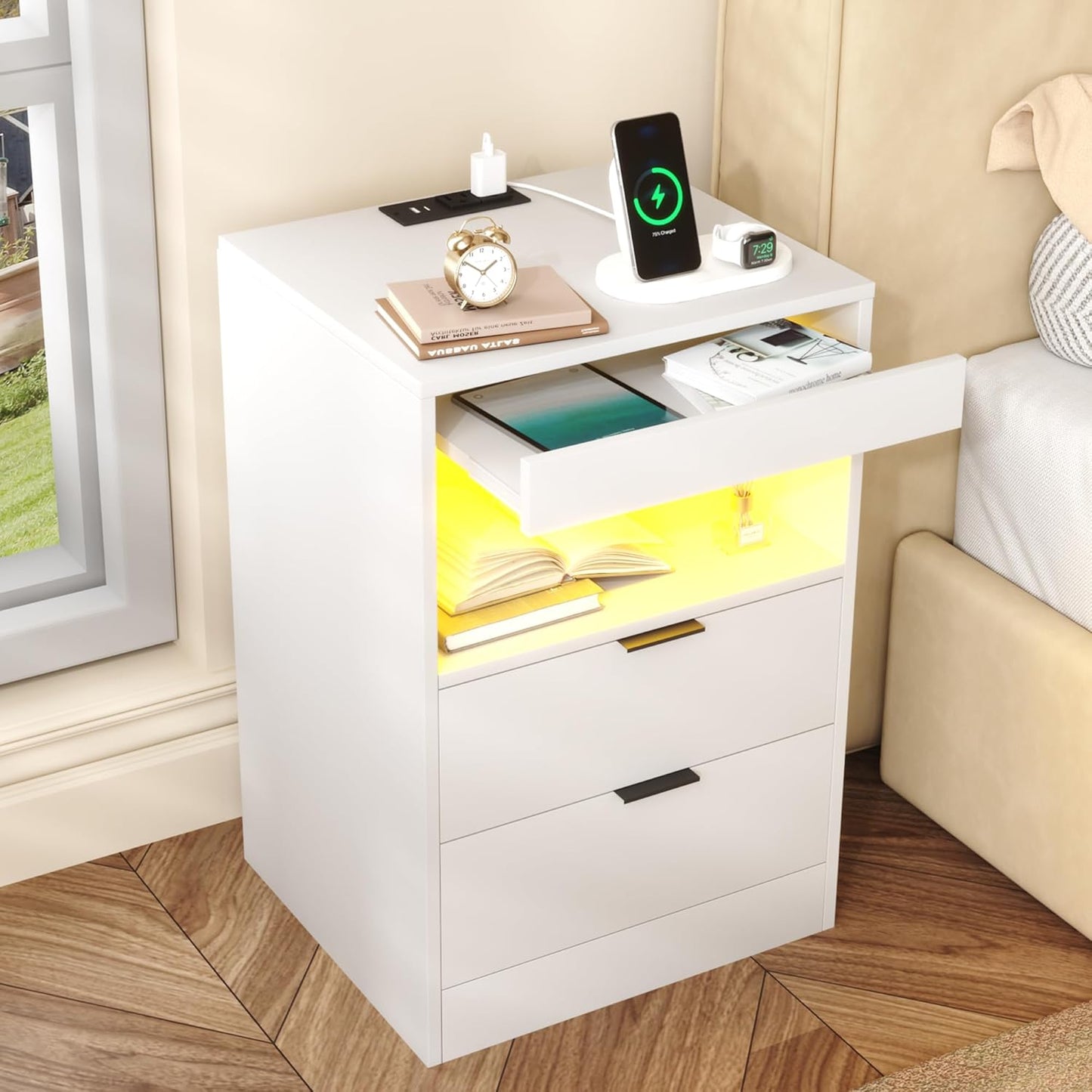 Gadroad LED Nightstand with Charging Station, Bedside Table with 3 Drawers and LED Lights, End Table Sofa Couch Side Table with Pull-Out Shelf, White