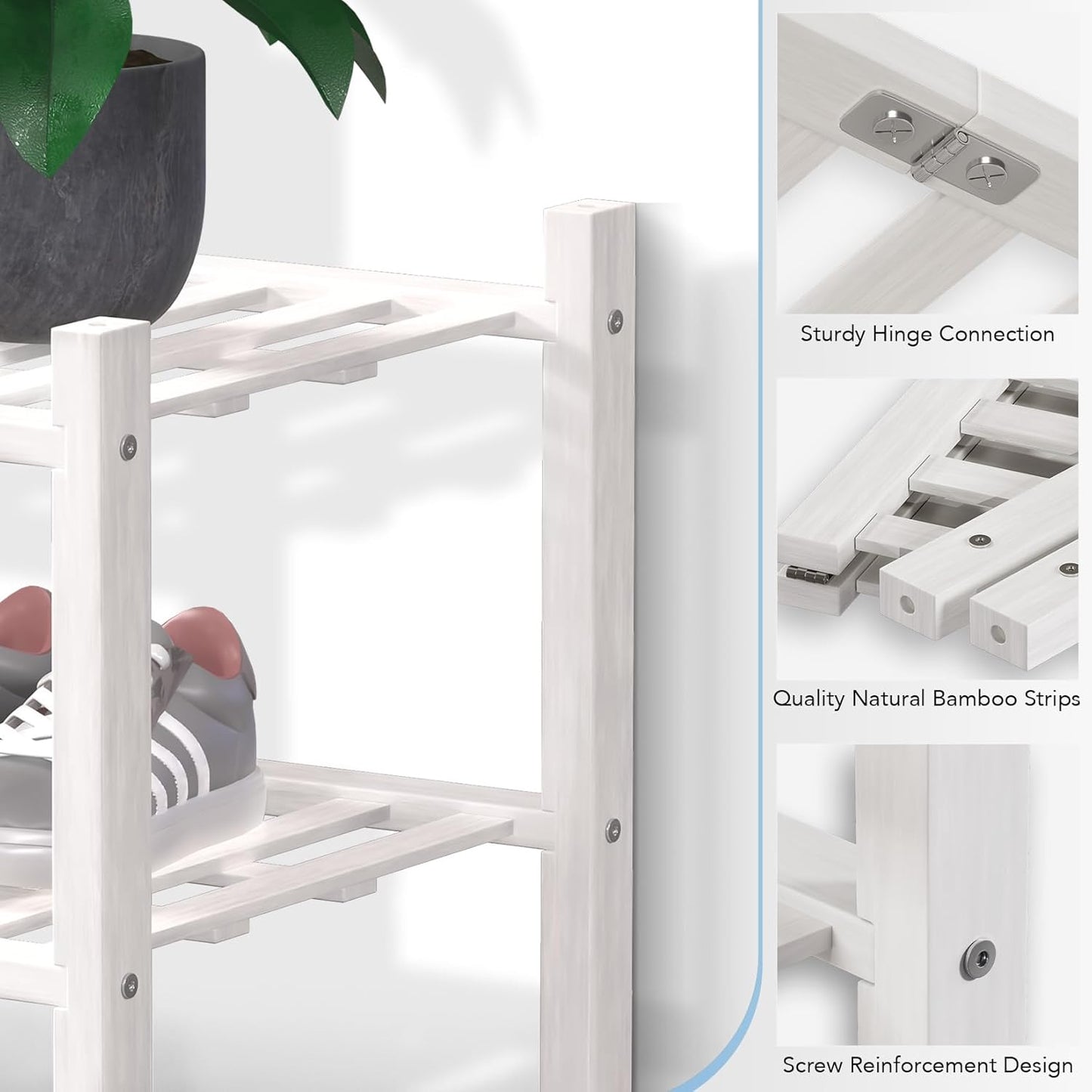 Haddockway Long 3 Tier Bamboo Shoe Rack Storage Organizer, Multifunctional Free Standing Stackable Shoe Shelf with Grid Panel for Closet,Hallway,Entryway,Small Space 34.2"x11"x20"(White, 3-Tier(Long))