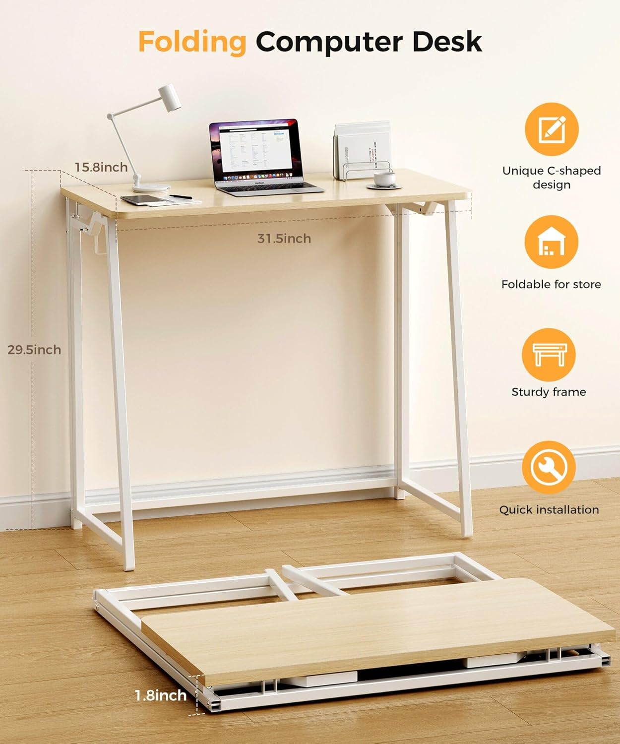 Folding Desk Small Foldable Desk for Small Space, 31.5 Inches Writing Computer Desks in Study, Home Office Foldable Office Desks for Bedroom, Oak