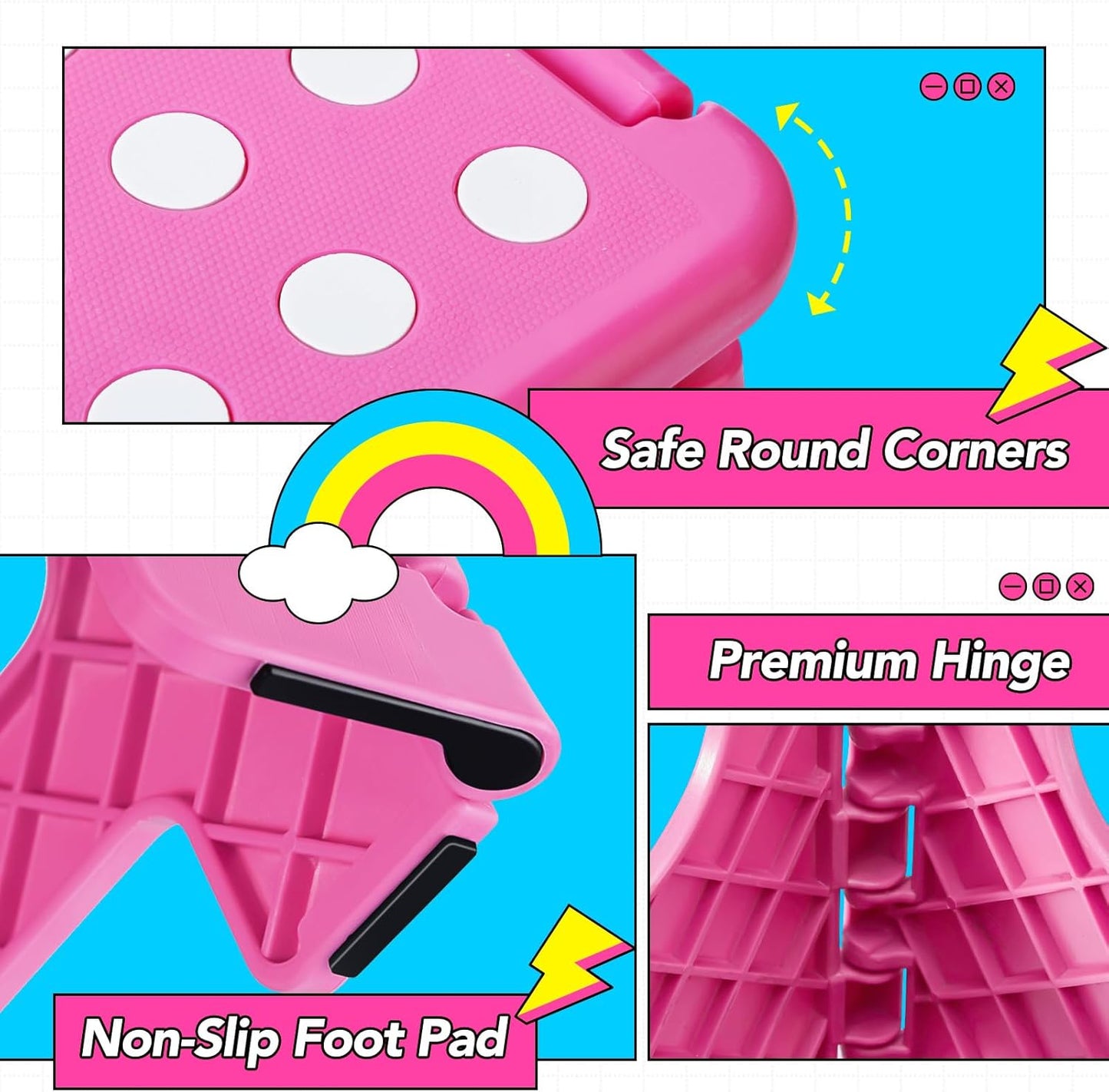 Delxo Folding Step Stool, 9 inch Non-Slip Foldable Stools Up to 300 LBS, Step Stool with Handle, Lightweight for Kitchen, Bathroom, Bedroom, Garden, Rose Pink, 1PC