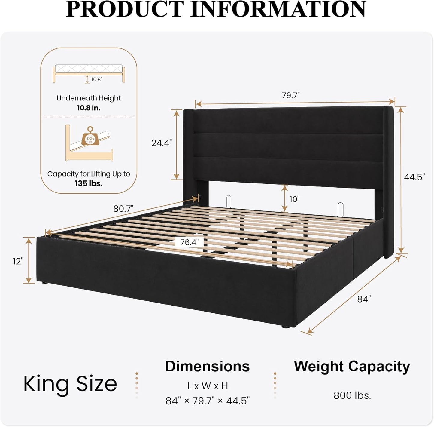 SHA CERLIN King Size Lift Up Storage Bed/Velvet Upholstered/Modern Wingback Headboard/Upholstered Platform Bed Frame/Hydraulic Storage/No Box Spring Needed/Black