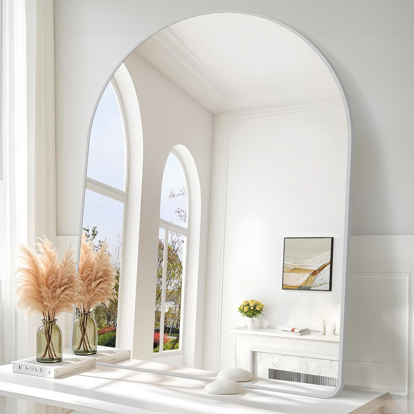 Arched Wall Mirror for Bathroom, 36"x48" Silver Arch Bathroom Mirror, Wall Mounted Mirror, Silver Vanity Wall Mirror w/Metal Frame for Bedroom, Entryway, Living Room, Vertically Hanging
