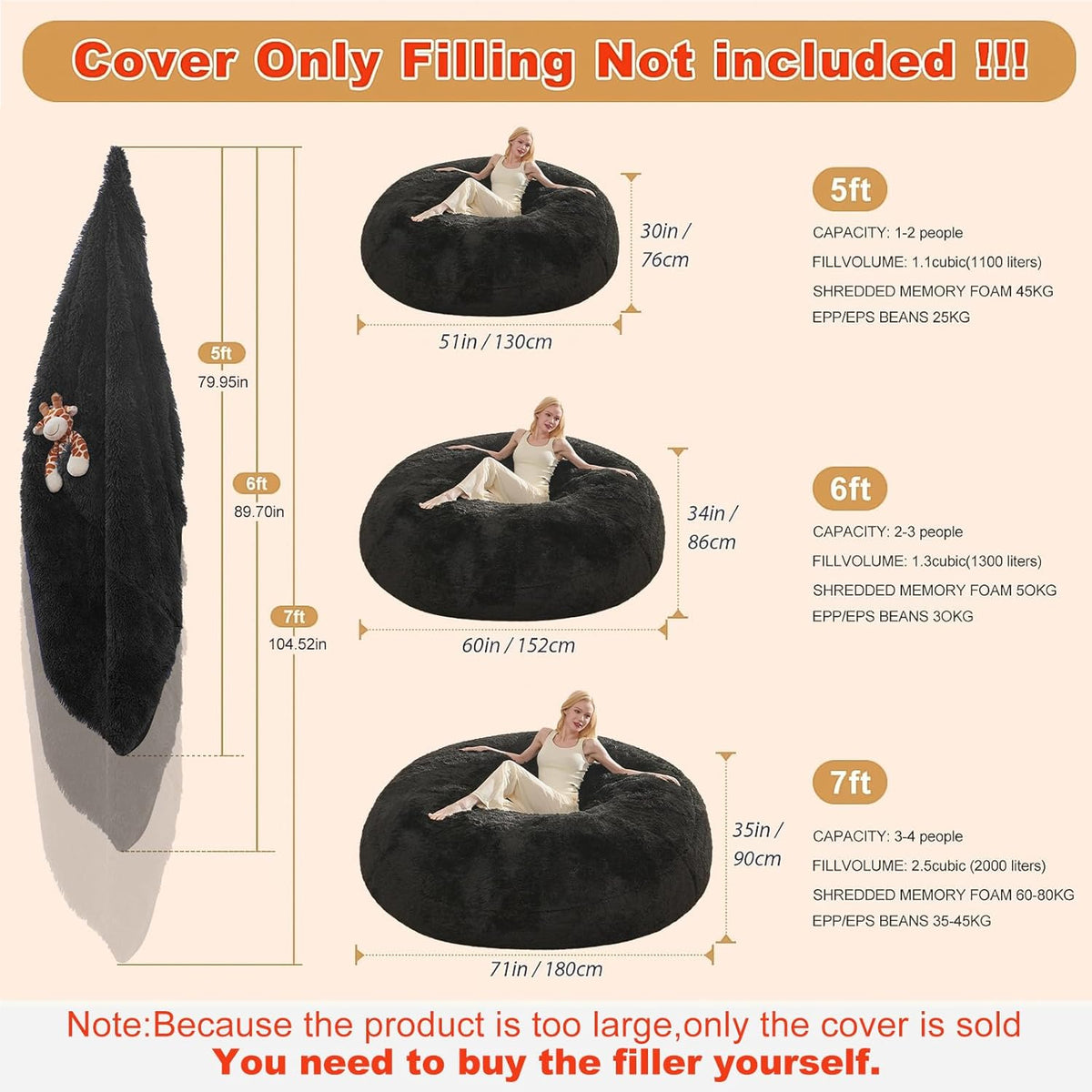 Bean Bag Cover (No Filler), Faux Fur Comfy Bean Bag Covers for Adults, Washable Beanbag Chair Cover, Fluffy Plush Giant Bean Bags Chairs Covers for Teens Kids Girls, Anti-Slip, 5FT, Black
