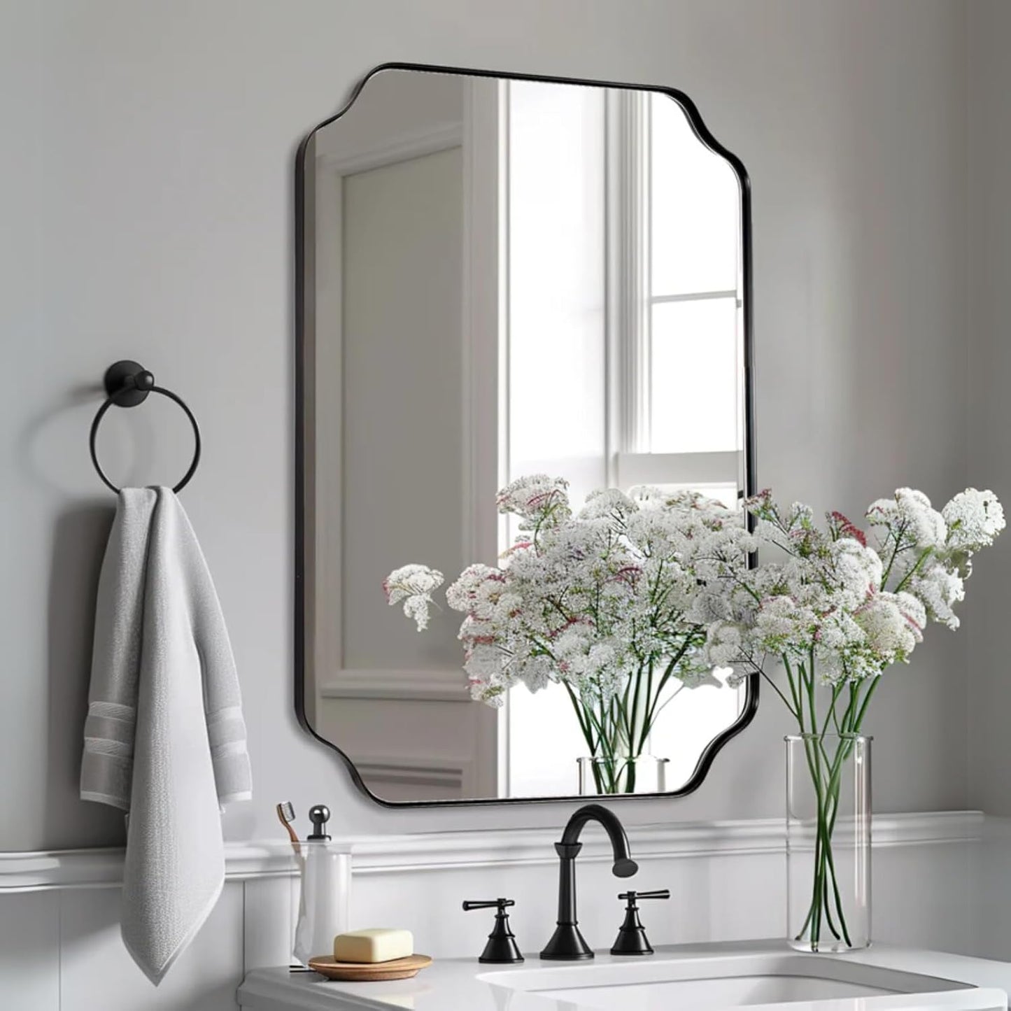 Black Wall Mirror, 24"x36" Black Scalloped Mirror, Unique Curved Edge Design, Anti-Rust SUS304 Frame, Hangs Vertical or Horizontal