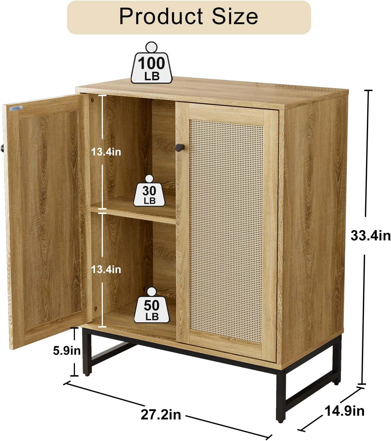 Sideboard Buffet Cabinet, Storage Cabinet with Double Rattan Doors, Modern Rattan Sideboard Cabinet, Kitchen Storage Cabinet with Metal Feet, for Entryway, Bedroom, Living Room (Natural Wood)