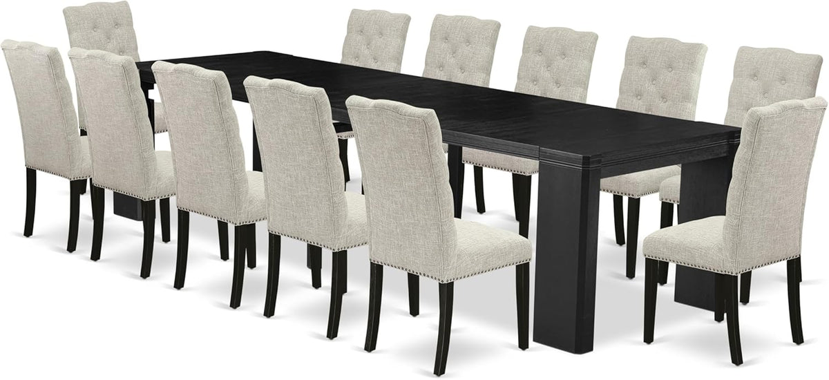 X12EL-006-35 - 13-piece Modern Dining Room Table Set a Rectangular Kitchen Table and 12 Doeskin Linen Fabric Dining Chair, 39x120 Inch, Wire Brushed Black