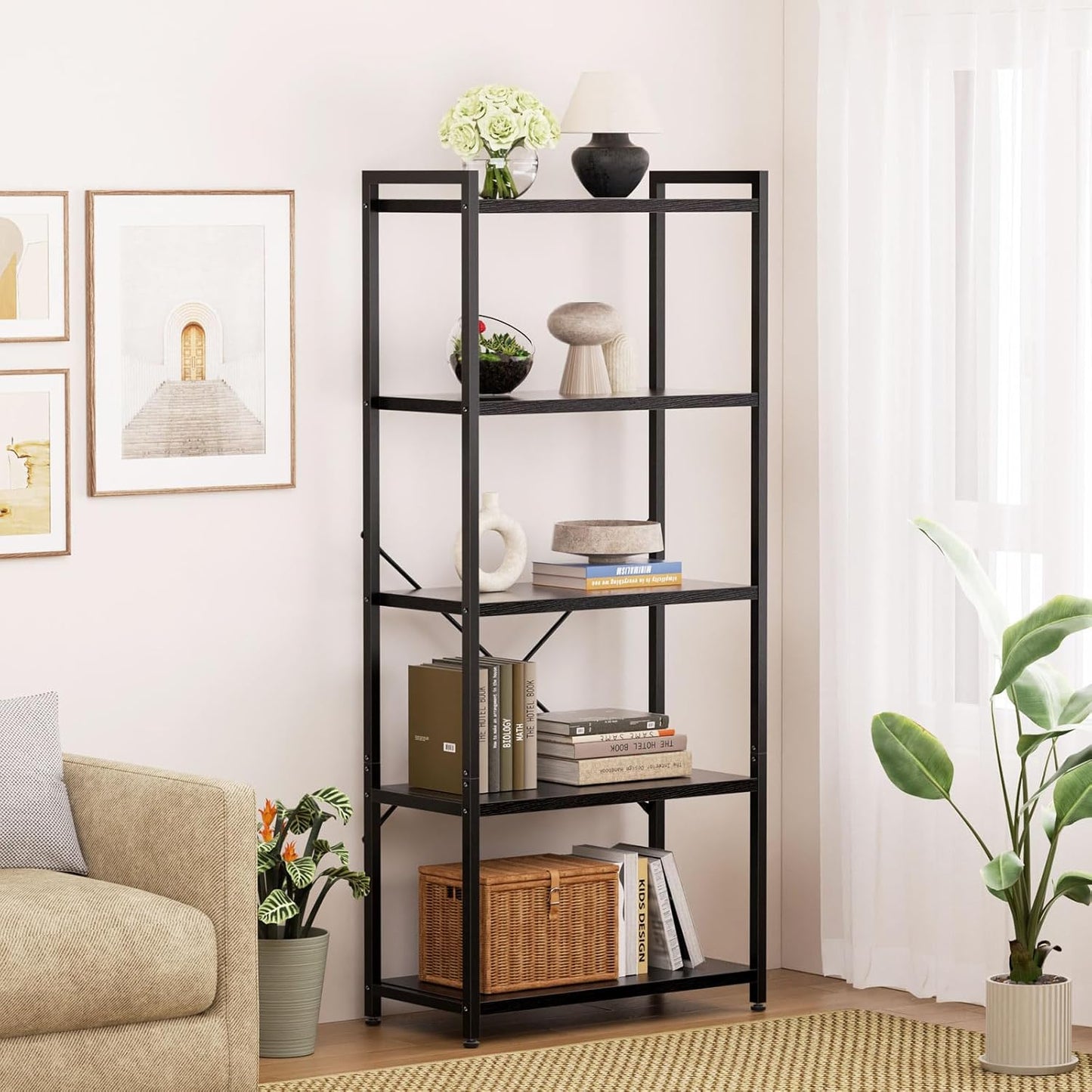 Casaottima Book Shelf, 5 Tier Bookshelf, Modern Wood Bookcase Shelves for Bedroom, Industrial Display Shelf for Living Room Home Office Kitchen, Standing Shelving Unit Storage Organizer, Black