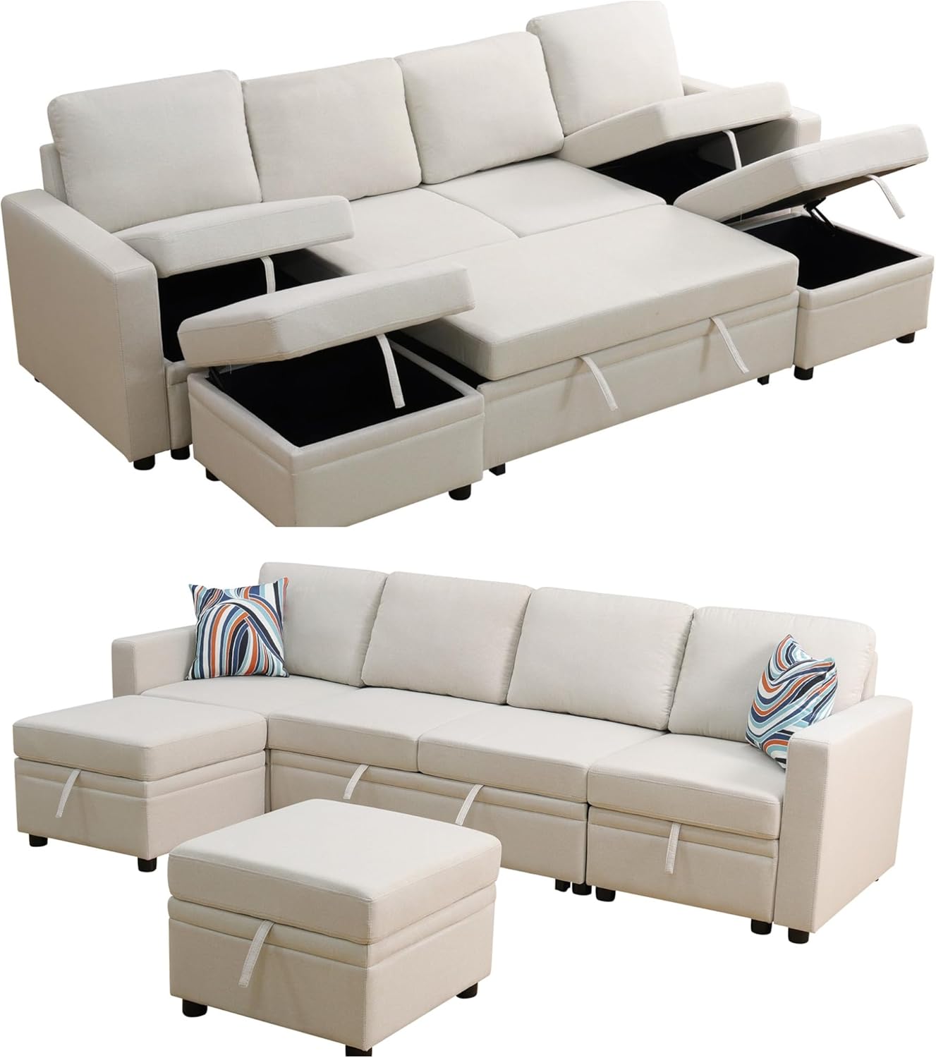 102 Inch L Shaped Sectional Couch with Pull Out Bed, 6-Seat Sleeper Sofa with Storage Ottoman, Convertible Sofa Bed for Living Room, Apartment, Off White