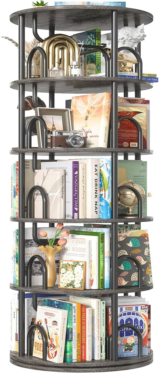 Aheaplus 5 Tier Rotating Bookshelf Tower, 360 Display Spinning Bookcase, Revolving Round Book Shelf Narrow Swivel Bookshelf, Vertical Turning Corner Book Organizer for Small Space, Black Oak