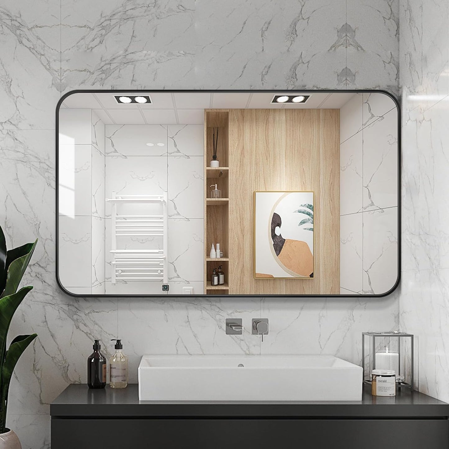 Large Modern Bathroom Mirror with Black Frame, 5mm Copper Free Silver Mirror,Black Frame, Easy Installation (Black, 30" L x 24" W)