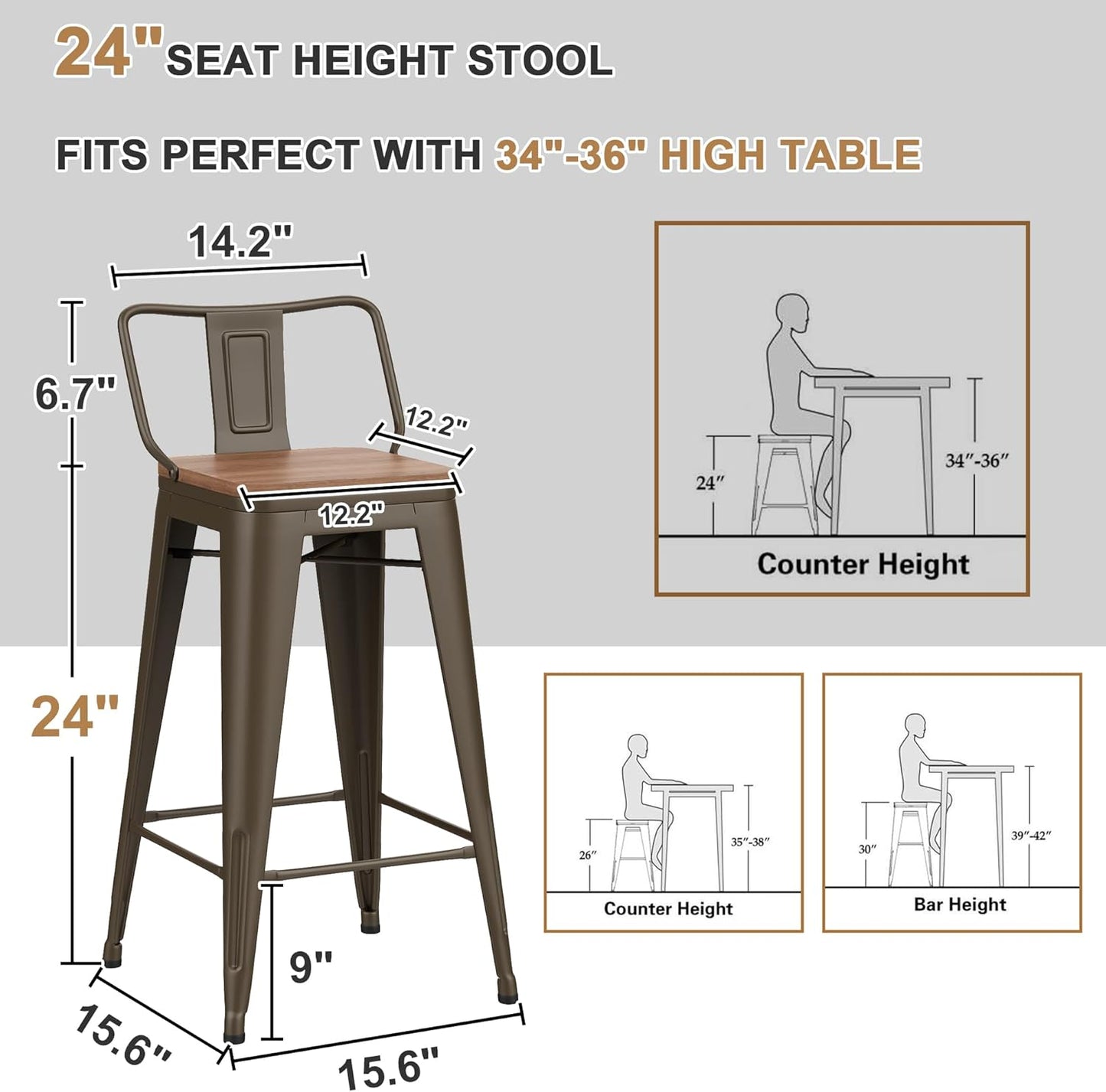 24 Inch Swivel Bar Stools Set of 4 with Backs Counter Height Industrial Metal Barstools Island Bar Chairs for Home Kitchen Dining Room (Swivel 24 inch,Rusty Wooden)