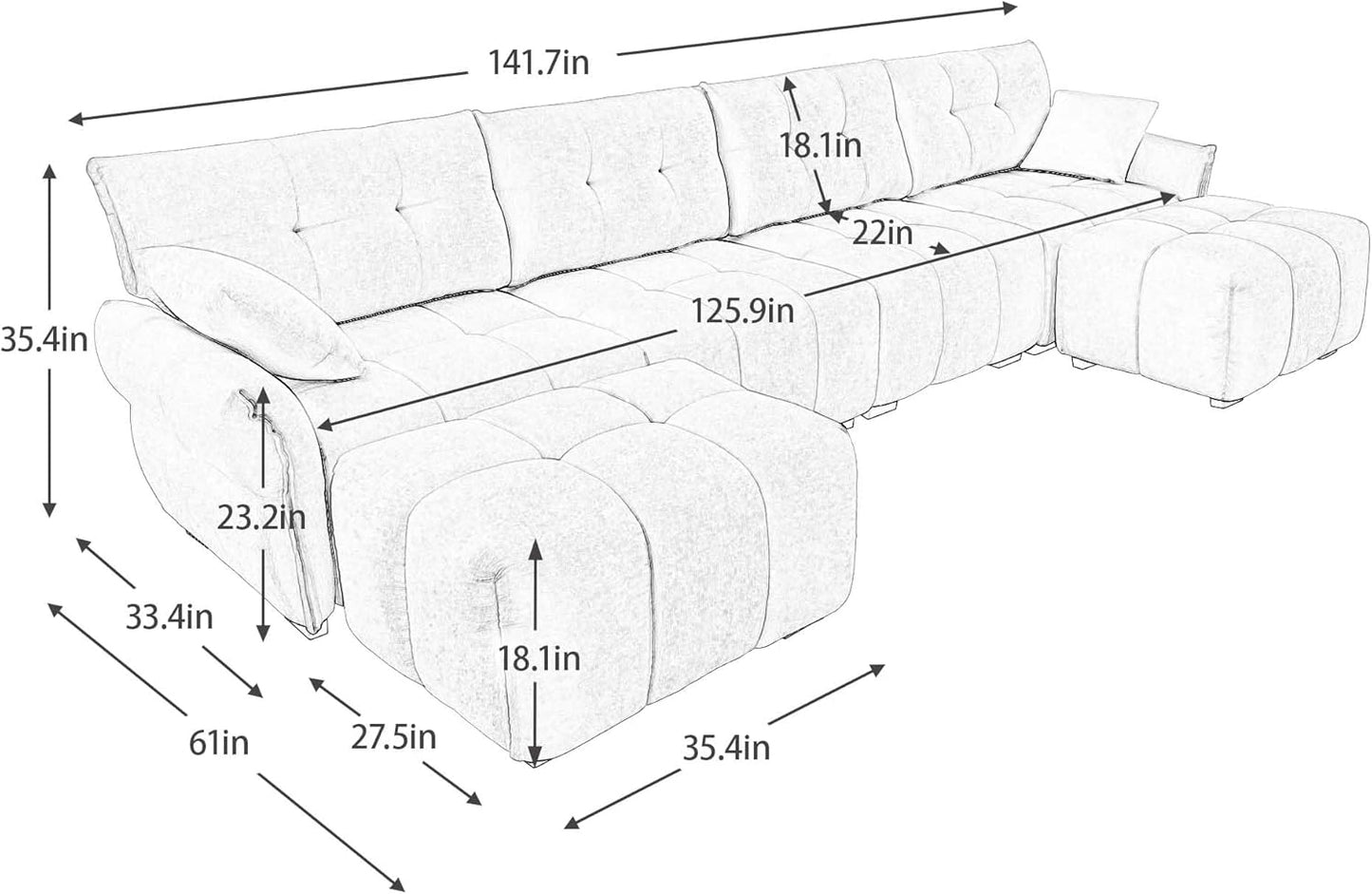 Modern Chenille Fabric 4-Seat Sofa w/Two Ottoman+2 Pillows, Premium Upholstery Living Room Couch with Tufted Backrest & Comfortable Armrests and High-Resilience Memory Foam Cushions,White