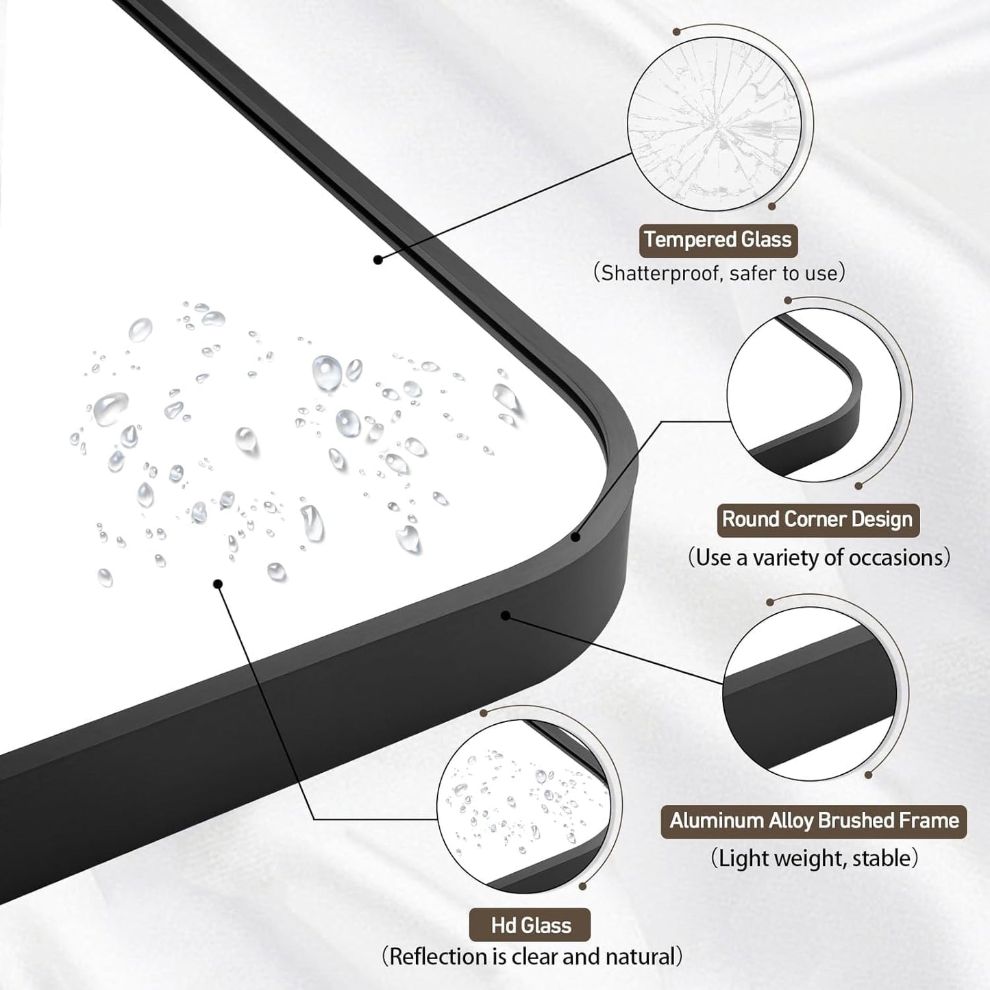 Black Bathroom Mirror, 20x30 Inch Matte Black Mirror, Aluminum Alloy Framed Vanity Mirror, Rounded Rectangle Bathroom Mirror for Over Sink, Anti-Rust Wall Mirror (Horizontally or Vertically)