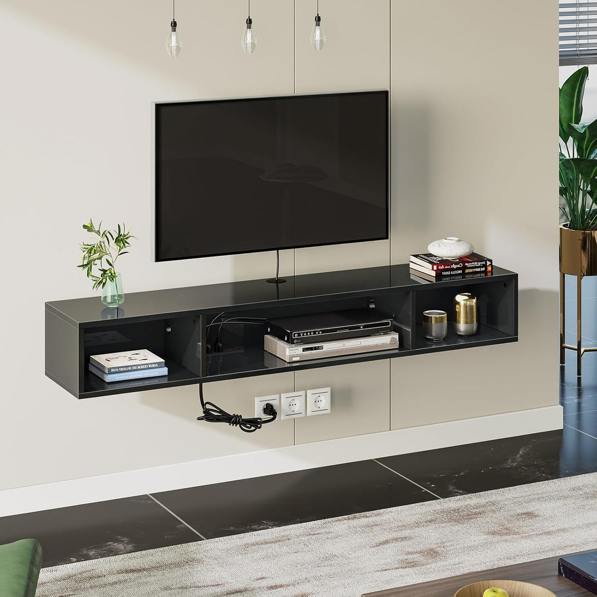 Rolanstar TV Stand with Power Outlet, Floating TV Stand with RGB Lights, 55.1" Wall Mounted TV Shelf, Glossy Black Media Console with Storage Shelf, Entertainment Under TV for Living Room, Bedroom