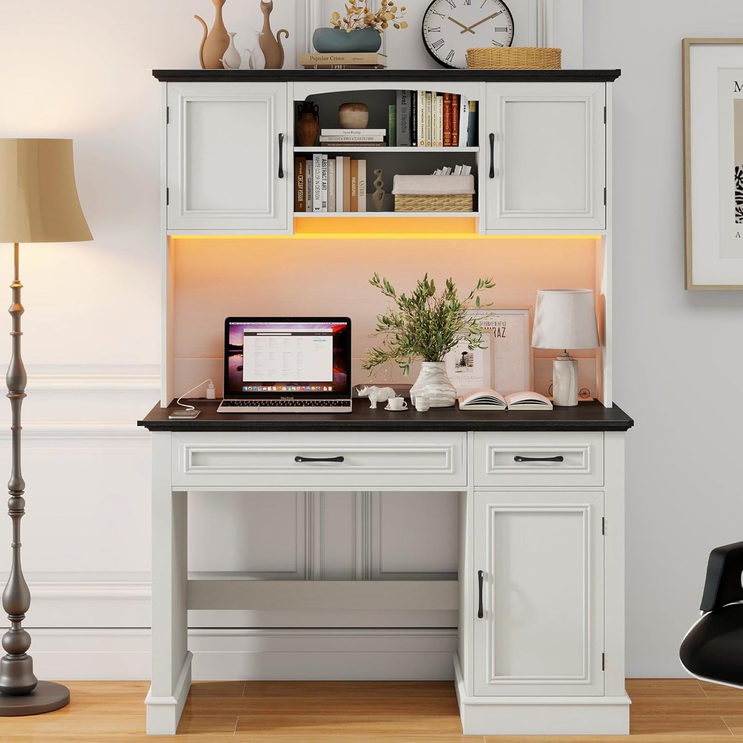 Farmhouse 47" Executive Desk with Hutch, 2 Drawers and LED Light, Computer Desk with Storage Cabinet and Charging Station,Workstation for Home Office and Study.