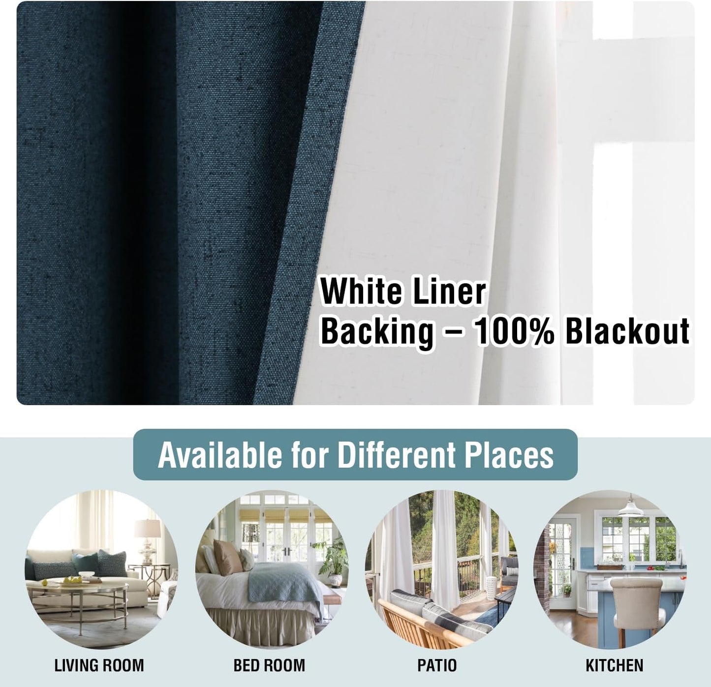 H.VERSAILTEX Linen Blackout Curtains 45 Inches Long 100% Absolutely Blackout Thermal Insulated Textured Linen Look Curtain Draperies Anti-Rust Grommet, Energy Saving with White Liner, 2 Panels, Navy