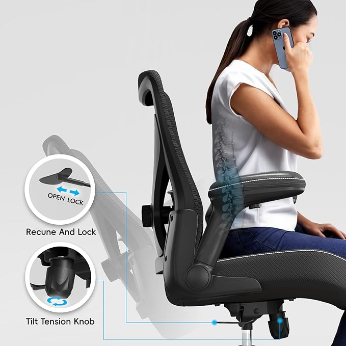 Office Home Ergonomic Desk Chair-Computer X-Shaped Chair Mesh PU Leather with Adjustable Lumbar Support-Executive Chair High Back Flip-Up Arms for Long Hours (Black-No Headrest)