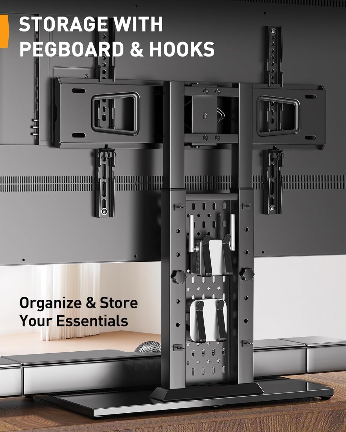 Perlegear Universal Swivel TV Stand with Pegboard Storage, Height Adjustable Table top TV Stand Mount for 42-90 Inch TVs, up to 150 lbs with Large Glass Base for Stability, Max VESA 600x400mm PGTVS36