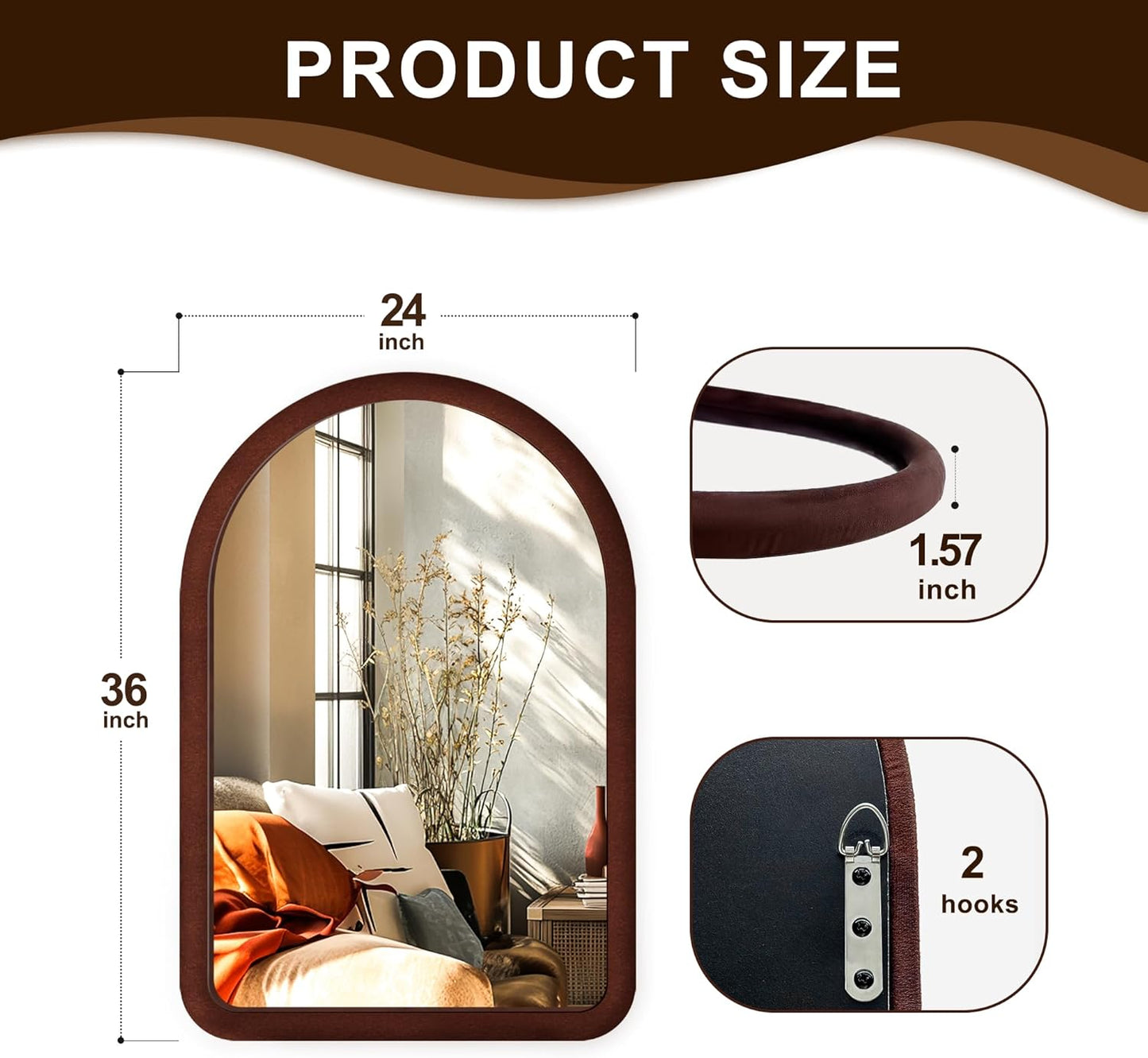 36"x24" Arched Bathroom Mirror, Wall Mounted Vanity Plush Flannel Frame Mirror for Bedroom, Entryway, Living Room, Dark Brown