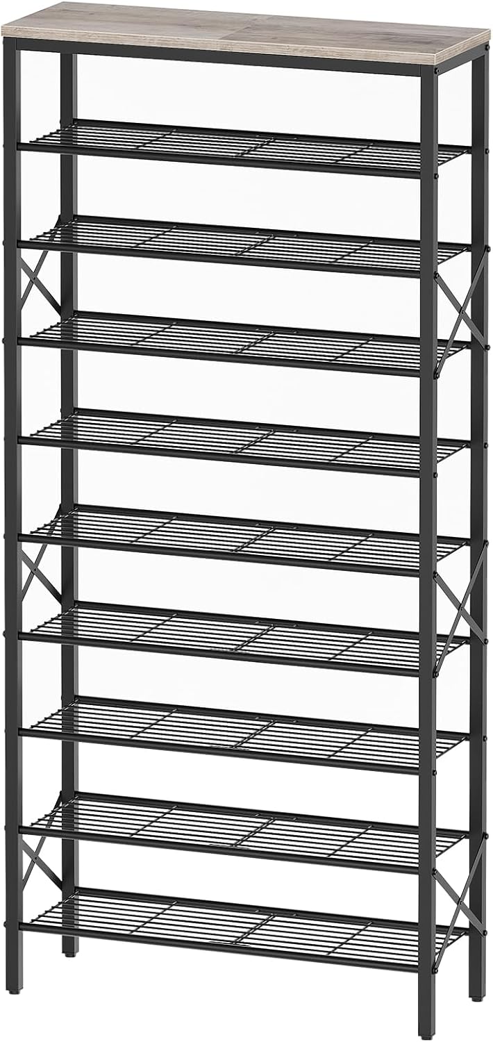 10 Tier Shoe Rack, Large Capacity Shoe Storage Organizer Holds 40 Pairs, Durable and Stable, for Entryway, Hallway, Closet, Dorm Room, Greige and Black SS10BG