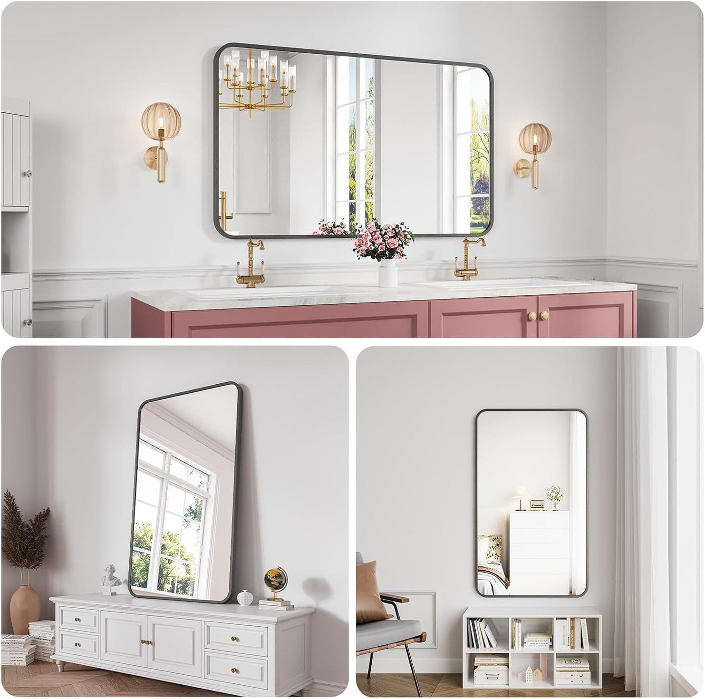 Bathroom Mirror, 30X50 Inch Black Metal Framed Mirror for Bathroom, Tempered Glass, Anti-Rust, Rounded Rectangle Mirror for Restroom, Bedroom, Black