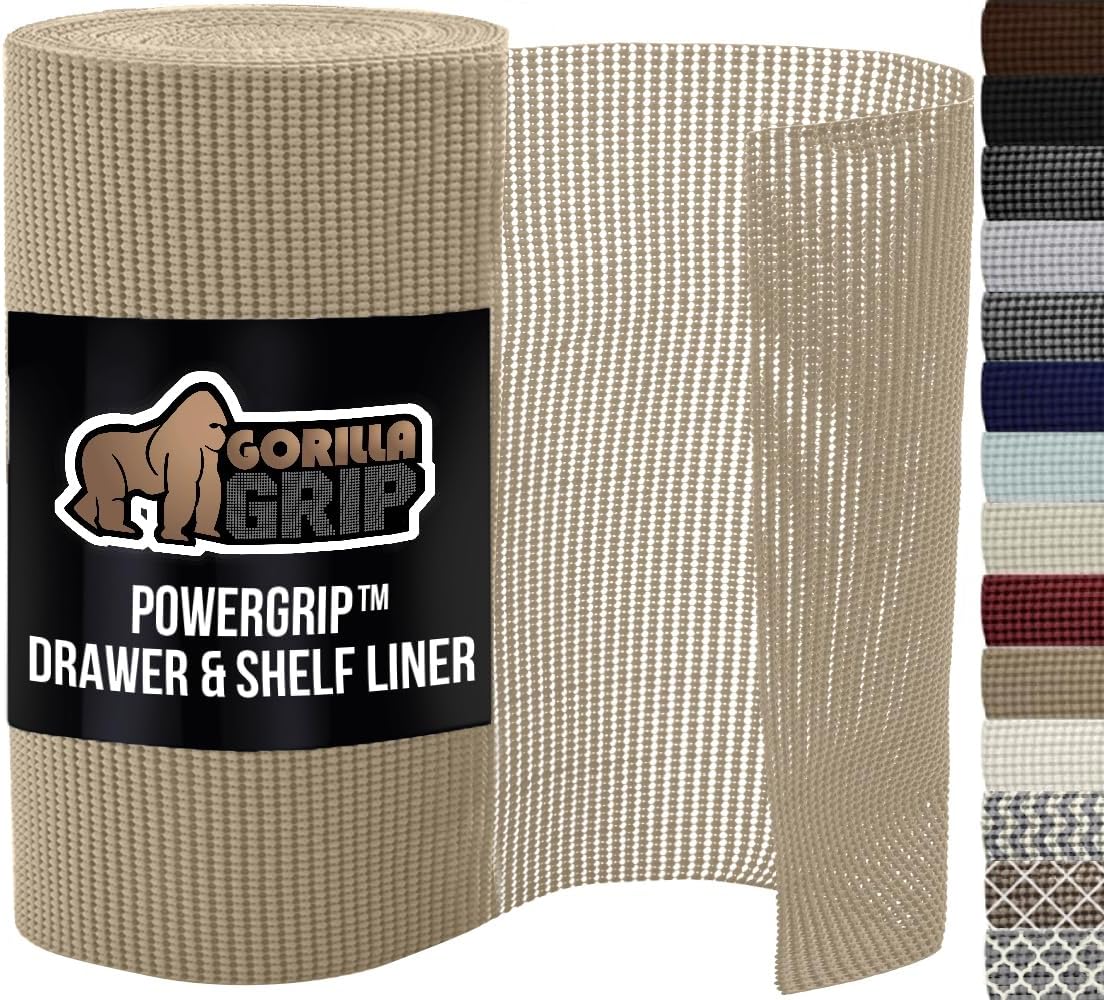 GORILLA GRIP powerGRIP Drawer Shelf and Cabinet Liner, Thick Strong Hold, Non-Adhesive Liners Protect Kitchen Cabinets and Cupboard, Bathroom Drawers, Easy Install, Breathable Mat, 12" x20', Beige