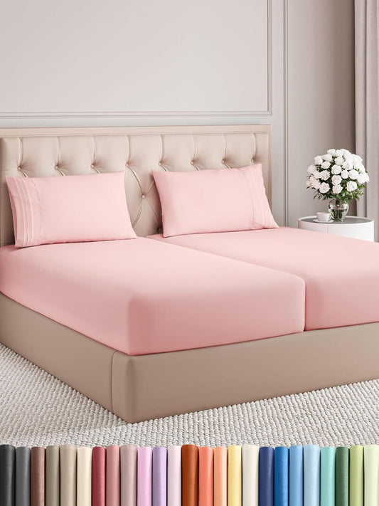 Split King Size 5 Piece Sheet Set - Comfy Breathable & Cooling Bed Sheets Set - Hotel Luxury Bedding for Women, Men, Kids, Teens, Boys & Girls - Deep Pockets, Soft, Wrinkle Free - Oeko-Tex - Baby Pink