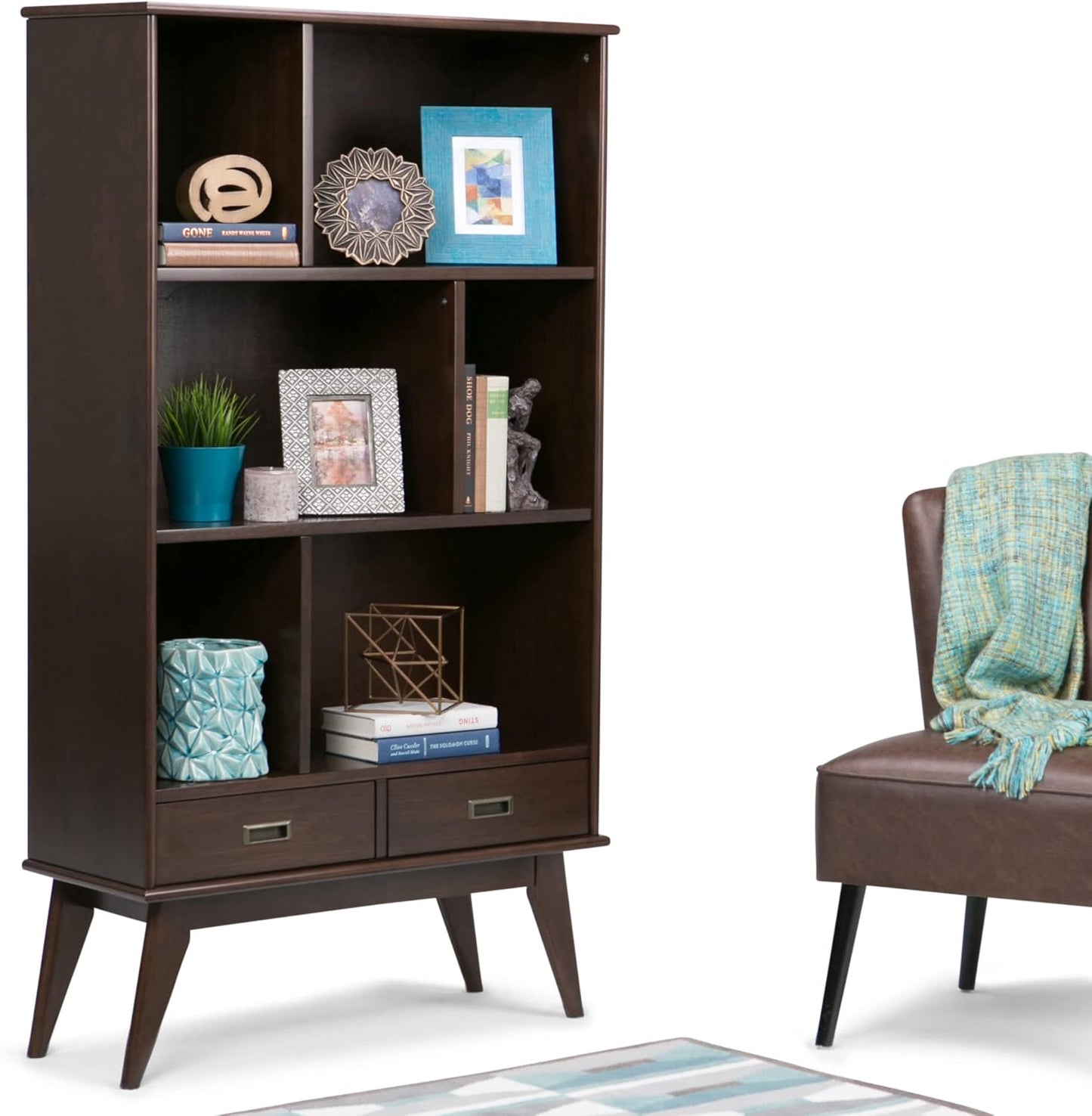SIMPLIHOME Draper Bookcase - 64 inch Tall Solid Hardwood Wide Storage Bookshelf in Medium Auburn Brown, Mid-Century Modern Storage for Living Room or Office with Adjustable Shelves and Tapered Legs