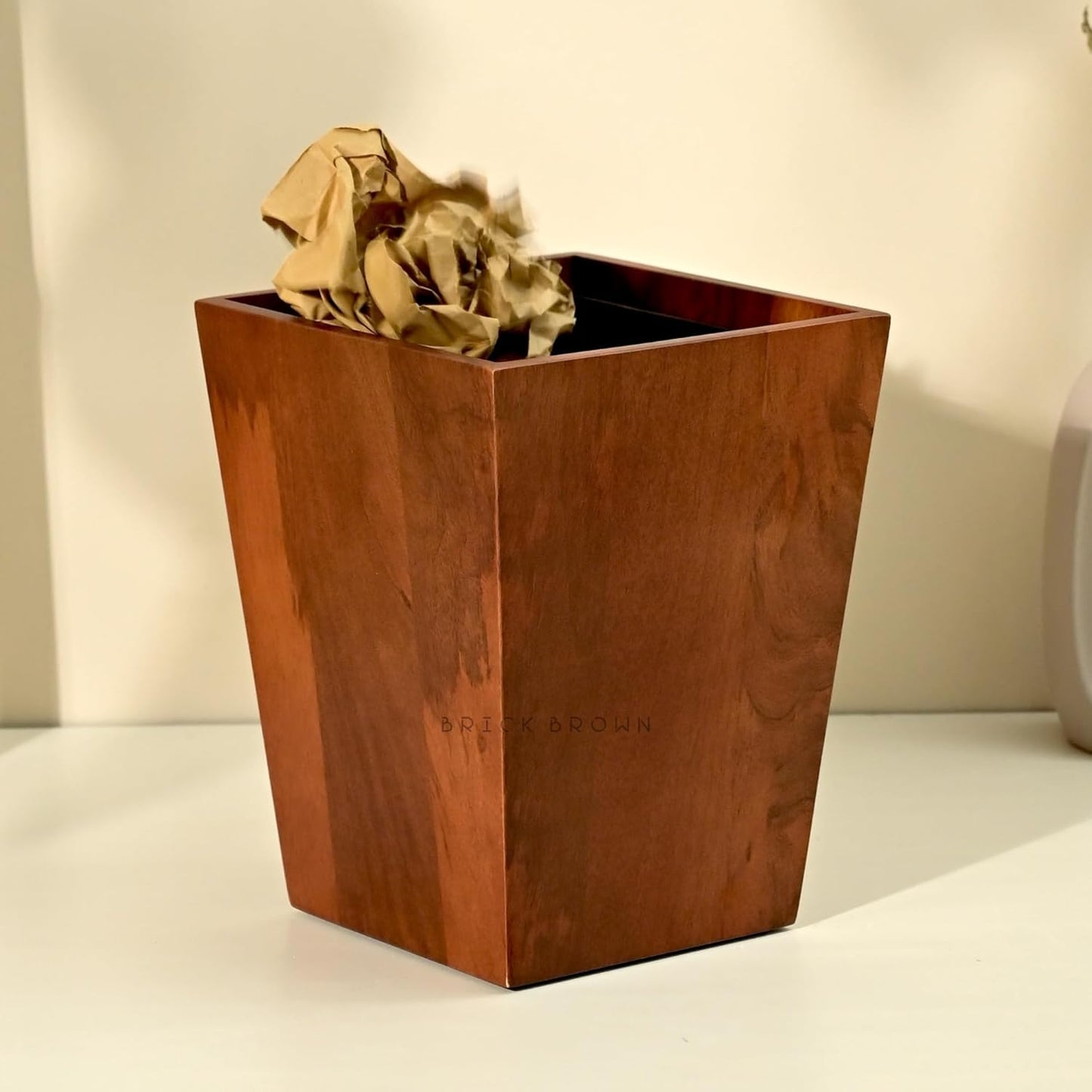 Premium Solid Wood Trashbin Multipurpose Furniture Basket for Home Living Room Office | Dustbin with Removal Metal Inner Liner from Mahogany Collection (Dwindle, 8x8x9.8 Inch)
