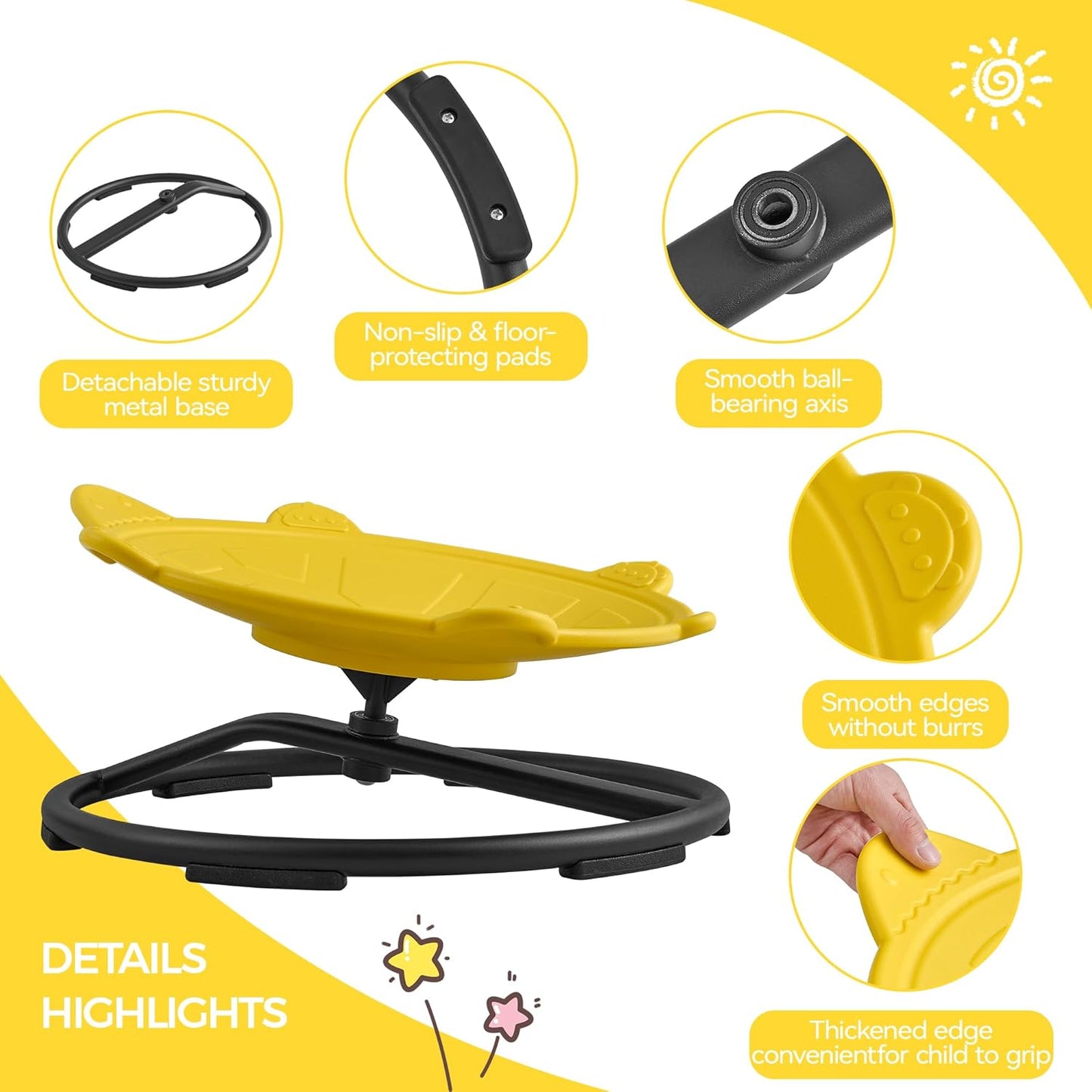 Swivel Chair for Kids, 360° Spinning Seat, Toddler Sit and Spin Wobble Chair, Sensory Balance Toys, Autism ADHD Chairs, Play Equipment Relief Motion Sickness for Boys Girls (Yellow)